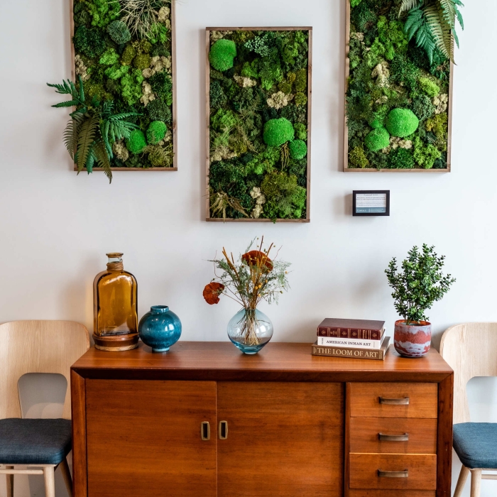 Three pictureframes filled with moss